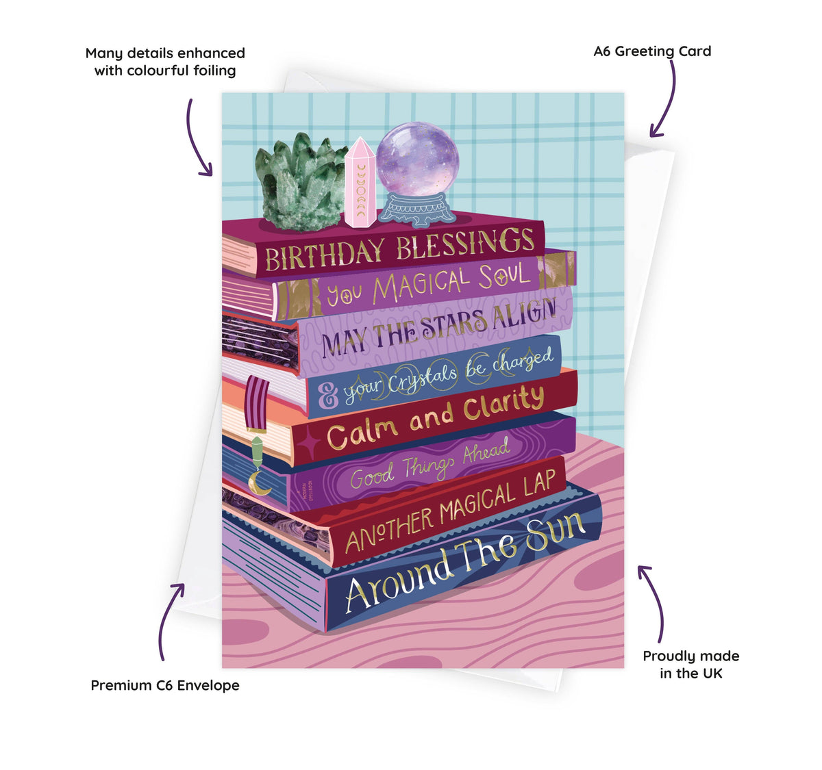Birthday Witchy Crystal Blessings - Foiled Bookish Birthday Card