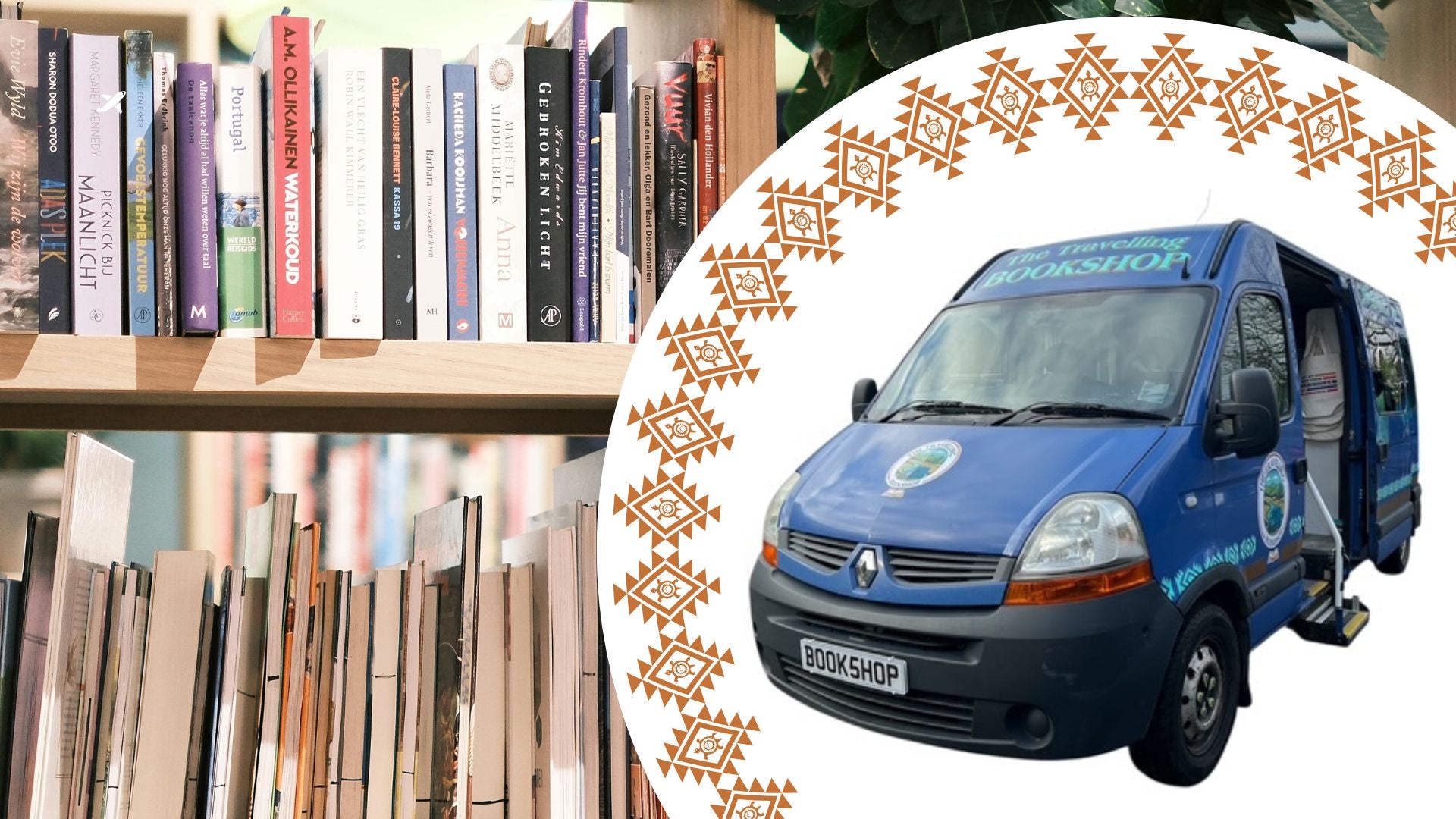 Books on a shelf and a photograph of The Travelling Bookshop mobile shop.